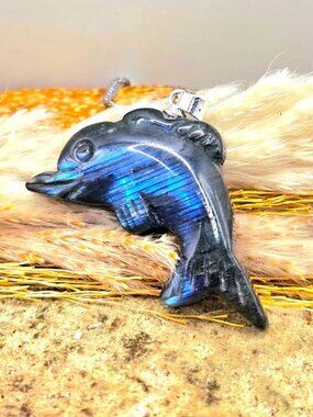 Nature Labradorite Carved Flashy Cute Dolphin Pendant Necklace